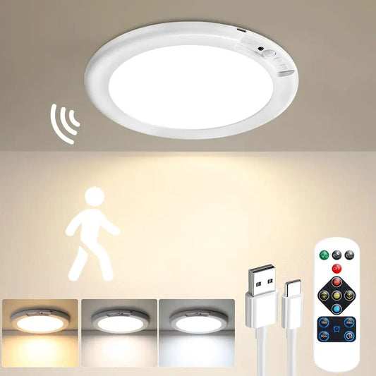 Wiederaufladbare Deckenleuchte mit Bewegungssensor, diese tragbare LED-Leuchte ist energieeffizient und wird mit Fernbedienung geliefert.  Es bietet drei einstellbare Lichtfarben und mehrere Helligkeitsstufen, so dass es für Innenschränke geeignet ist