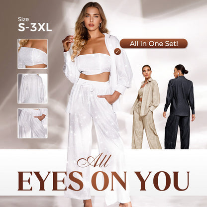 ✨ Pailletten Blazer und breite Hosen für Frauen (3-teiliges Set)