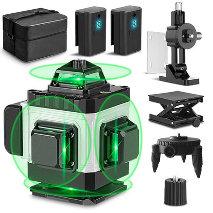 4D-Laser-Wasserwaage, 16-Linienlaser, automatische Leistungsanzeige, 360 ℃, horizontales und vertikales Kreuz, grüne Lasermaschine mit 2 Lithiumbatterien