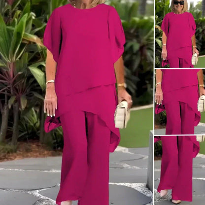 👗 Chiffon-Zweiteiler für Damen – Asymmetrisches Doppellagiges Top & Weite Hose – Atmungsaktiv & Elegant für Frühling & Urlaub