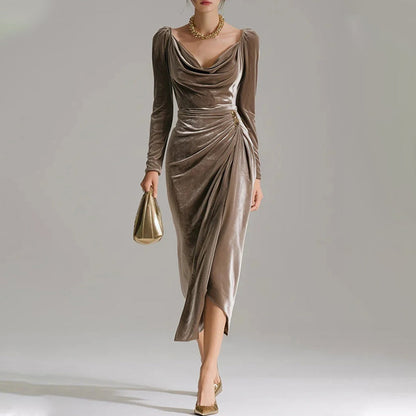 ✨Bequem und elegant! 💃Langärmiges Kleid mit Kragen, Raffungen und Schlitz