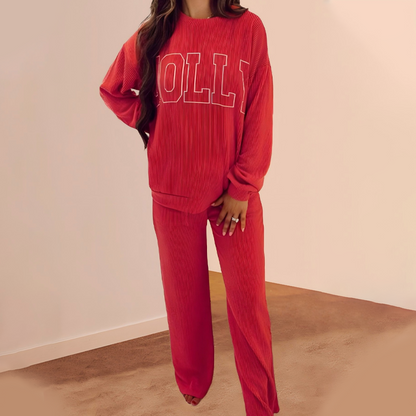 Festliches 2-teiliges Set mit Streifenmuster: Langärmliges Oberteil & Weite Hose mit Kordelzug