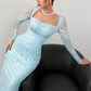 Maxikleid mit langen Ärmeln und Spitzenbesatz, figurbetont